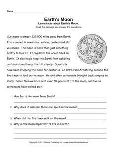 the earth's moon worksheet with answers for reading and writing about it