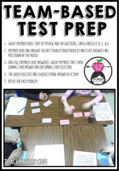 a group of kids sitting at a table working on their test prep project with the text team - based test prep