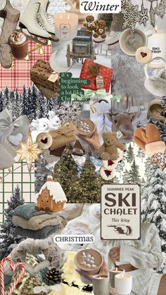 a collage of christmas related items and text that reads, winter ski chalet