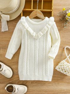 Baby Girl Solid Color Ruffle Hem Knitted Long Sleeve Dress, Autumn/Winter White   Long Sleeve Knitwear Plain  High Stretch  Baby Girls Clothing, size features are:Bust: ,Length: ,Sleeve Length: Girls Winter Outfits, Girls Sweater Dress, Long Sleeve Knit Dress, Long Sleeve Sweater Dress, Elegant Dresses Long, Kids Sleepwear, Girls Sweaters