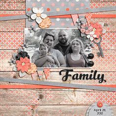 a family scrapbook page with an orange and gray background, featuring the word family on it