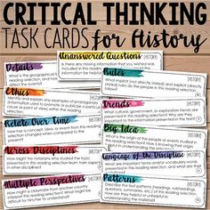 three task cards with the words,'critical thinking task cards for history'on them