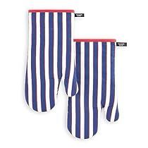 two blue and white striped oven mitts