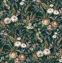 a green floral wallpaper with white and yellow flowers on the bottom half of it