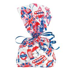 a gift bag filled with lots of british symbols on it's front and sides