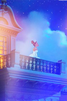 disney's the princess and the frog is standing on a balcony looking up at the sky