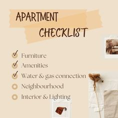 the apartment checklist includes furniture amenities water & gas connection neighborhood interior & lighting etc