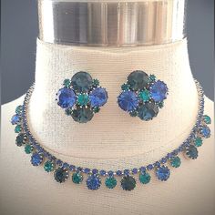 Three Gorgeous Shades Of Round Blue Rhinestones All Prong Set And All Present. Like New Never Worn Condition. Sold With A Gift Box. Gala Jewelry, Rhinestone Collar, Blue Rhinestones, Collar Necklace, Blue And Silver, Clip On, Prong Setting, Clip On Earrings, Womens Jewelry Necklace