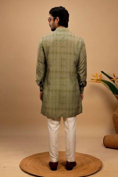 Green silk kurta with all over diamond print. Paired with a trouser. - Aza Fashions Designer Kurta With Printed Motifs, Festive Long Sleeve Kurta With Ikat Print, Elegant Bandhani Print Kurta For Eid, Silk Kurta With Block Print And Long Sleeves, Designer Ikat Print Straight Kurta, Designer Long Sleeve Kurta With Printed Motifs, Diwali Ikat Print Long Sleeve Kurta, Designer Straight Kurta With Printed Motifs, Designer Festive Ikat Print Kurta