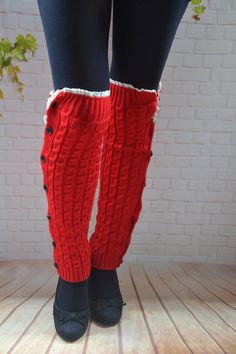 Red Button Down knited Leg Warmers with lace Lace, Knee Sock Lace Boot socks slouchy lace leg warmer lace boot cuffs **.♥.**'.♥.**'.♥.**'.♥.**'.♥.**'.♥.** Wear them with boots to give yourself a feminine, yet rugged look. You can Pair them with tights, leggings, skirts, skinny jeans for a sweet cozy look. You can scrunch them down or pull them knee high! :) **.♥.**'.♥.**'.♥.**'.♥.**'.♥.**'.♥.** The leg warmers are made in 65% wool and 35% Acrylic yarn and white crochet lace. Extremely warm and c Red Knee-high Legwear For Winter, Casual Red Winter Stockings, Red Knee-high Leg Warmers For Winter, Red Leg Warmers For Winter Stocking Stuffer, Fitted Red Leg Warmers For Winter, Red Fitted Leg Warmers For Winter, Fitted Red Winter Socks, Lace Boot Cuffs, Lace Boot Socks