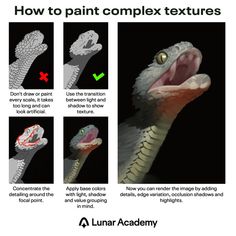 instructions for how to paint complex textures in photoshopped and 3d painting by lunar academy