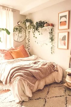 a bedroom with plants on the wall