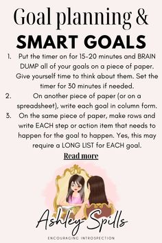 a poster with the words goal planning and smart goals written in black ink on it