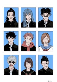 nine anime characters with different hair styles