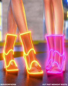 two neon colored boots are on the ground next to each other and one is wearing high heeled shoes