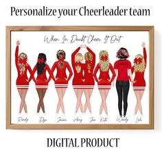 a group of women in red dresses with the words personalize your cheerleader team