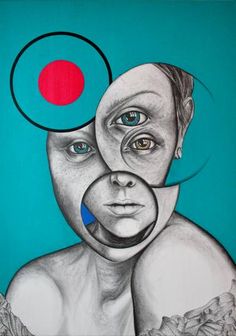 a drawing of a woman's face with circles around her