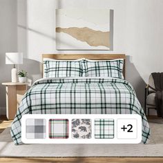 an image of a bed with plaid sheets and pillows on the bottom, next to two pictures