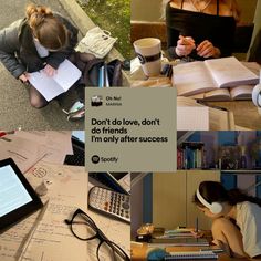 people sitting at a table with books, papers and headphones on top of it