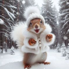 a squirrel is standing in the snow with its paws up and it's mouth wide open