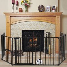 a cat laying in front of a fireplace with a soccer ball on the floor next to it