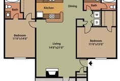 the floor plan for a two bedroom apartment with an attached kitchen and living room area