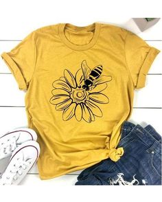 Bee Accessories, Cricut Products, Bee Shirt, Flower Print Shirt, Sunflower Pictures, Fabric Paint Designs, Bee Decor, White Dress Party, Bee Print