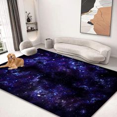 a dog is sitting on the floor in front of a rug with blue and purple stars