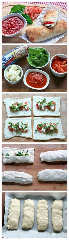 the process of making bread with tomatoes, cheese and sauces on it is shown