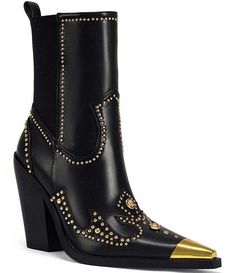 Glamorous Studded Leather Boots, Gold Heeled Boots With Reinforced Heel For Fall, Studded Faux Leather Party Boots, Studded Faux Leather Boots For Party, Party Boots With Studs In Faux Leather, Gold Leather Heeled Boots With Reinforced Heel, Studded Fitted Heels For Fall, Fall Ankle Boots With Gold Studs, Gold Western Boots For Winter