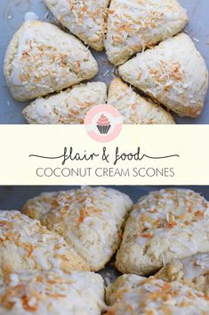 coconut cream scones with icing and sprinkles are shown in two different pictures