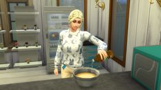 a woman is pouring some liquid into a bowl in a virtual world kitchen area, with shelves and shelving behind her