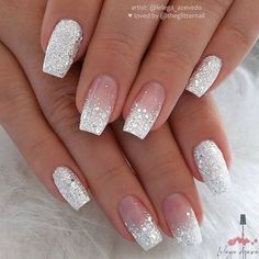 Blush Pink Nails, Nails Bridesmaid, White And Silver Nails, Wedding Nails Glitter, White Glitter Nails, Wedding Nails Design, Bride Nails, Nails Almond