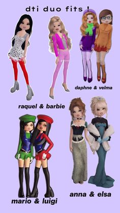 four different types of dolls are shown in this cartoon style poster, with the names of each