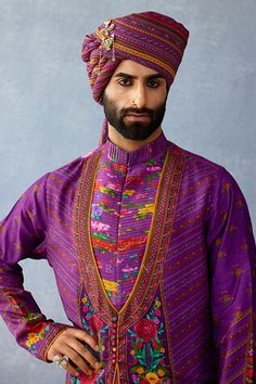 Purple full sleeve kurta with pintuck pleated detailing on yoke and floral stripe, rose print all over. Paired with patiala salwar. - Aza Fashions Multicolor Traditional Wear For Eid Ceremonies, Ceremonial Multicolor Traditional Wear For Eid, Purple Long Sleeve Traditional Wear For Transitional Season, Transitional Purple Traditional Wear With Long Sleeves, Festive Long Sleeve Purple Kurta, Long Sleeve Purple Kurta For Diwali, Purple Long Sleeve Kurta For Diwali, Purple Long Sleeve Traditional Wear For Festivals, Traditional Purple Long Sleeve Sets