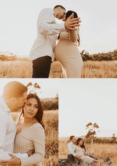 a man and woman kissing in the middle of an open field with tall brown grass