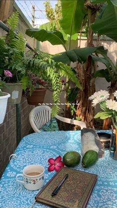 the table is covered with blue and white cloths, books, flowers, and plants