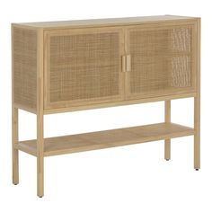 the sideboard is made out of wood and has rattan panels on it, along with a shelf for storing items