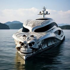 a boat with a skull head on the front is floating in the water near mountains