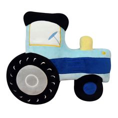 a blue and white toy truck with wheels