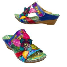 Brand: Socofy Style: Boho Platform Sandal Market: Women's Size: 42/11 (Please See Socofy Sizing Chart) Color: Multicolor- Purple, Fuchsia, Teal, Green, Gold Materials: Leather Upper, Balance Man Made Condition: Nwot- No Signs Of Wear. Please See Photos For Details. No Box. Particulars: Like Works Of Art For Your Feet! Supple, Soft, Beautifully Crafted Leather Uppers In Layered Flower Design With Tooling Pattern On Straps. These Shoes Also Feature: Hook And Loop Closure For A Great Fit, Textured Retro Sandals, Heels Summer, Flower Sandals, Brown Crossbody Bag, Handmade Sandals, Slide Slippers, Bohemian Handmade, Womens Summer Shoes, Slippers Women