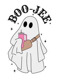 a ghost holding a pink cup with boo - o - weel on it