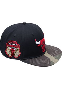 Wear your Bulls style with pride in this Chicago Bulls Pro Standard Black Camo Visor Snapback Hat! This Chicago Snapback Hat features a embriodered team logo on front panel with camo visor and team logo embriodered on side. Go Bulls! Pro Standard Fashion Snapback, Front embroidered team logo, Fashion accents on crown and visor, Snap closure, Fashion forward style, Polyester, Wipe clean with cloth or cleaning kit, 4 Black Visor Fitted Hat, Logo Patch Six-panel Snapback Hat For Sports Events, Black Six-panel Baseball Cap For Fan Gear, Black Snapback Hat With Patches, Black Cotton Fitted Hat With Embroidered Logo, Black Baseball Cap With Logo And Flat Brim, Black Baseball Cap With Custom Logo, Black Snapback Trucker Hat With Patches, Logo Patch Six-panel Snapback Hat For Streetwear