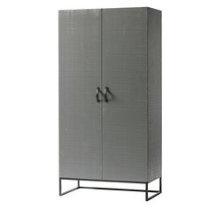 a tall gray cabinet with two doors on the front and one door open to reveal a pair of black handles