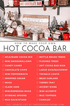 hot cocoa bar decor checklist Hot Cocoa And Cookie Bar, Elf Hot Chocolate Bar, Teacher Hot Cocoa Bar, How To Set Up A Hot Cocoa Bar, Hot Chocolate Bar Ingredients, Hot Cocoa Bar For Teachers, Small Hot Chocolate Bar Ideas