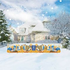 an image of a house in the snow with christmas decorations on it's front lawn