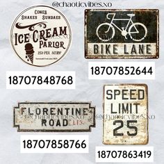 four old fashioned signs are displayed on the side of a white piece of paper that says ice cream parlor, bike lane, speed limit and speed limit