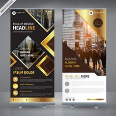 a set of two roll up banners with an image of people walking down the street