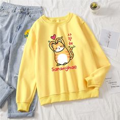 Kawaii Long Sleeve Hoodie With Cat Design, Cute Long Sleeve Sweatshirt With Cat Design, Cute Long Sleeve Sweatshirt With Cat Print, Cute Long Sleeve Hoodie With Cat Design, Kawaii Long Sleeve Top With Cat Design, Cat Design Cotton Long Sleeve Sweatshirt, Cute Cotton Sweatshirt With Cat Design, Cute Crew Neck Sweatshirt With Cat Design, Trendy Long Sleeve Sweatshirt With Cat Design