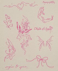 some pink ink drawings on white paper with hearts and flowers in the background, including an angel